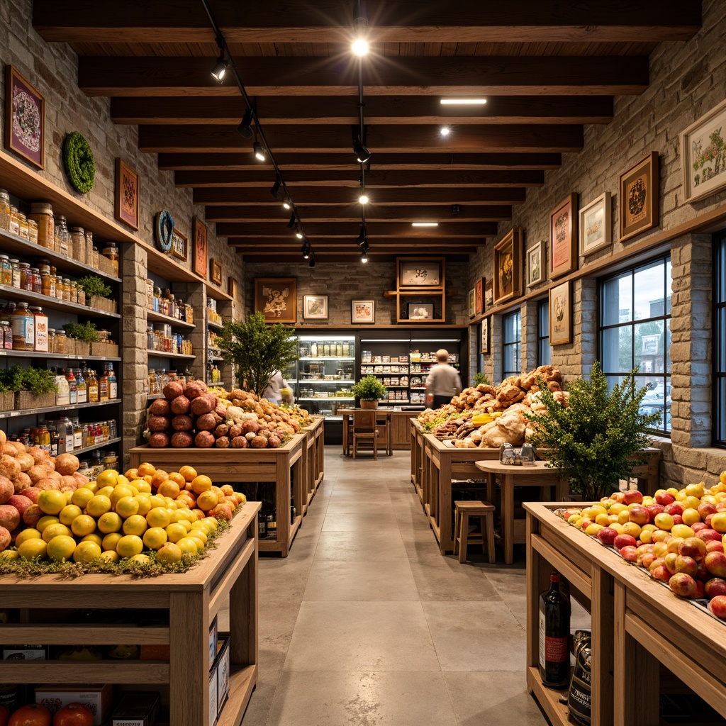 Prompt: Vibrant supermarket interior, warm earthy tones, natural wood accents, fresh produce displays, colorful fruit arrangements, artisanal bread shelves, modern metal racks, glass jar storage, rustic stone walls, cozy atmosphere, soft overhead lighting, 1/1 composition, realistic reflections, ambient occlusion.