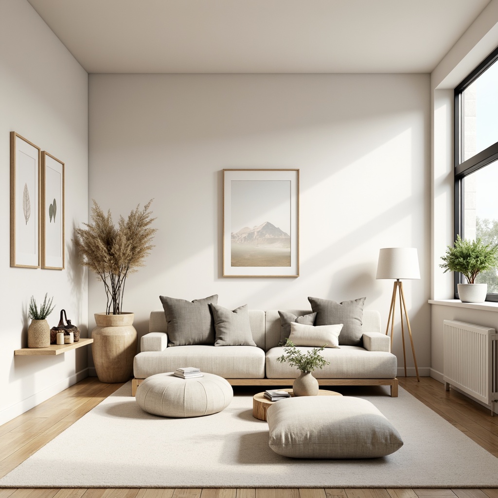 Prompt: Monochromatic interior, soft creamy whites, warm beige tones, subtle gray accents, natural textures, wooden furniture, minimalist decor, empty space, plenty of negative space, modern Scandinavian aesthetic, cozy atmosphere, soft diffused lighting, shallow depth of field, 1/1 composition, realistic renderings, ambient occlusion.