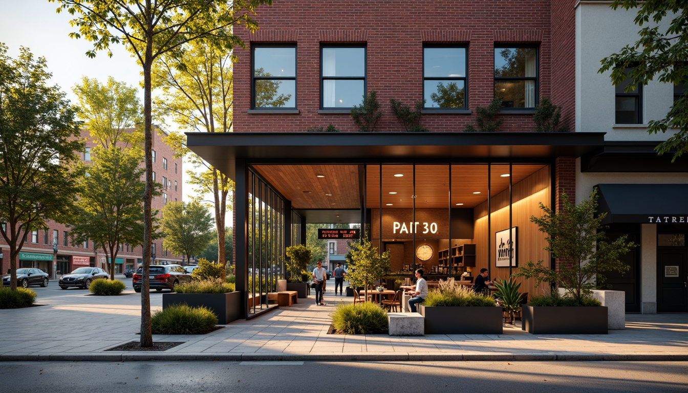 Prompt: Vibrant coffee shop exterior, industrial chic facade, exposed brick walls, metal frame windows, reclaimed wood accents, modern minimalist signage, urban cityscape background, bustling street atmosphere, warm golden lighting, shallow depth of field, 1/1 composition, realistic textures, ambient occlusion, natural stone pavement, lush greenery, outdoor seating area, decorative planters, abstract geometric patterns, bold color blocking, sleek metal canopies.