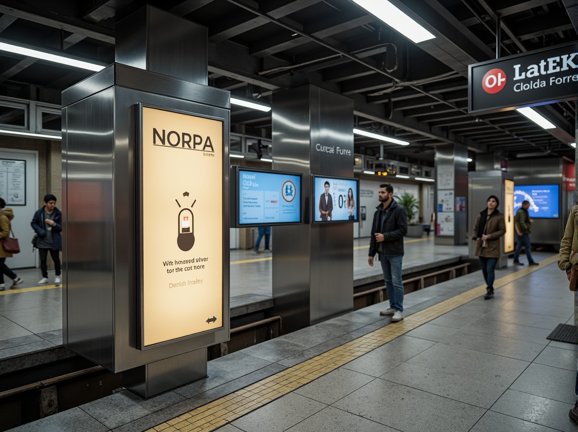 Prompt: Modern metro station, minimalist signage, sleek font styles, clean typography, subtle color schemes, stainless steel frames, backlit LED displays, wayfinding directionals, platform indicators, passenger information screens, simple geometric shapes, industrial materials, urban atmosphere, busy commuter scene, natural stone flooring, concrete walls, overhead lighting, shallow depth of field, 3/4 composition, panoramic view, realistic textures.