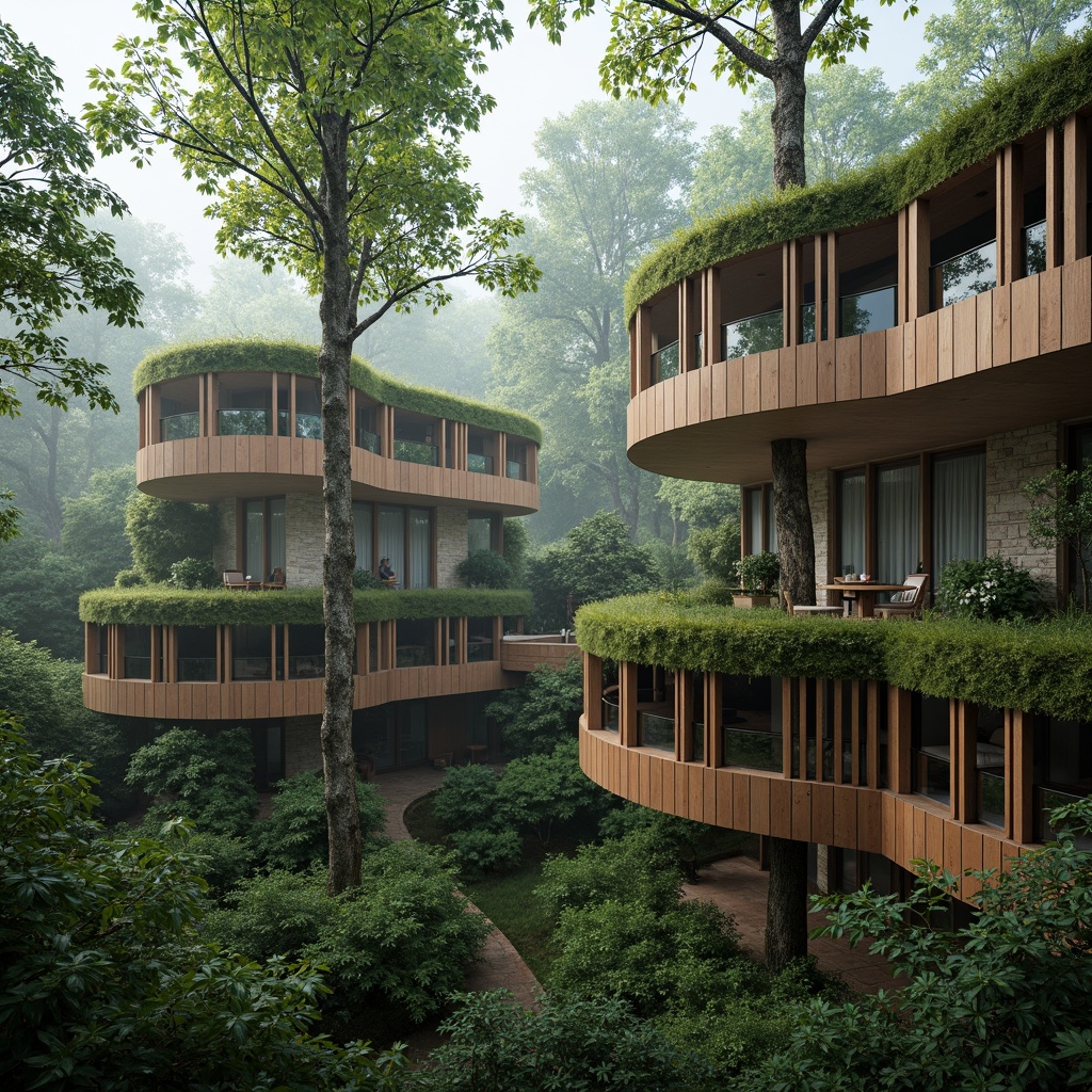 Prompt: Seamless forest integration, organic treehouses, curved wooden facades, moss-covered roofs, natural stone walls, earthy tones, cantilevered structures, floor-to-ceiling windows, panoramic forest views, soft diffused lighting, misty atmosphere, 3/4 composition, intimate connection with nature, subtle color palette, sustainable building materials, eco-friendly design, blending boundaries, immersive experience, serene ambiance, gentle breeze sounds, vibrant foliage, rustic wooden textures.