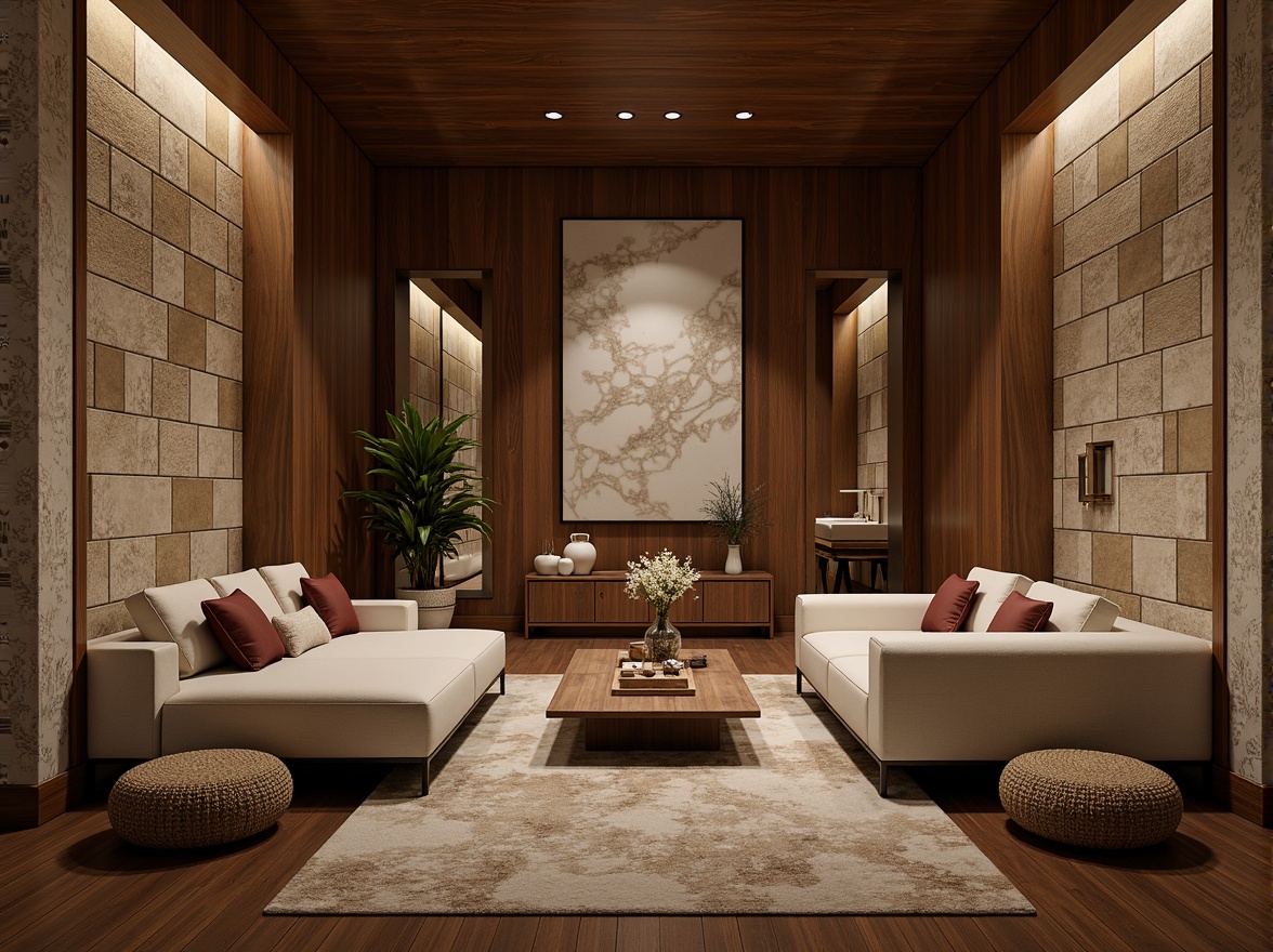 Prompt: Luxurious interior design, richly textured finishes, warm earthy tones, natural stone walls, wooden accents, metallic sheen, sleek minimalist lines, ambient soft lighting, cozy atmosphere, inviting spaces, plush furniture, velvety smooth surfaces, intricate patterns, ornate details, sophisticated elegance, refined modern aesthetic, high-end materials, premium quality textures, 1/1 composition, shallow depth of field, realistic renderings.