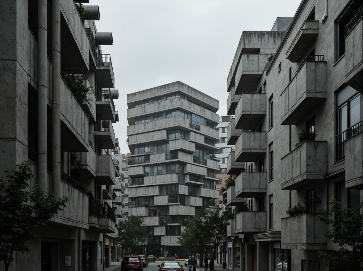 Prompt: Fortified concrete fortress, rugged brutalist architecture, exposed ductwork, industrial pipes, raw unfinished surfaces, geometric shapes, massive columns, cantilevered balconies, narrow vertical windows, urban cityscape, overcast sky, dramatic shadows, high-contrast lighting, 1/2 composition, cinematic atmosphere, realistic textures, ambient occlusion.