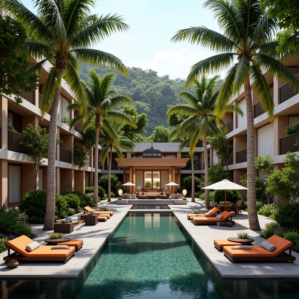 Prompt: Luxurious resort, tropical landscape, lush greenery, swaying palm trees, tranquil water features, infinity pools, outdoor lounges, comfortable seating areas, vibrant colorful textiles, natural stone walkways, wooden accents, modern hospitality architecture, grand entrance, spacious lobby, elegant chandeliers, soft warm lighting, shallow depth of field, 3/4 composition, panoramic view, realistic textures, ambient occlusion.