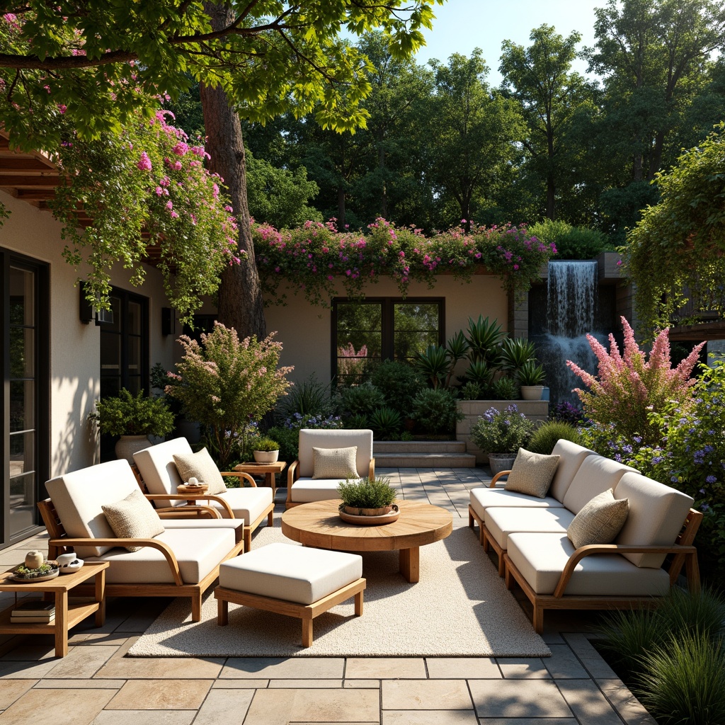 Prompt: Cozy patio, lush greenery, vibrant flowers, comfortable outdoor furniture, plush cushions, soft lighting, warm ambiance, natural stone flooring, wooden accents, tranquil water features, small pond, gentle waterfall, soothing sound effects, calming atmosphere, serene surroundings, peaceful retreat, shaded areas, overhead canopies, draping vines, colorful blooms, fragrant scents, relaxing colors, warm beige tones, soft blue hues, 1/1 composition, shallow depth of field, realistic textures, ambient occlusion.