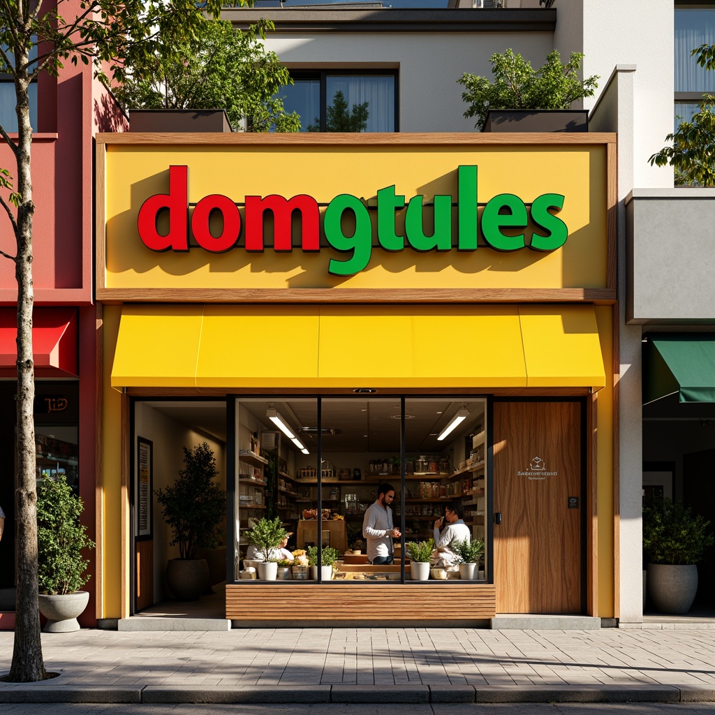 Prompt: Vibrant grocery store facade, bold color scheme, warm yellow awnings, bright red accents, fresh green signage, natural wood textures, rustic metal frames, modern minimalist architecture, large glass windows, sliding doors, urban cityscape, bustling streets, morning sunlight, soft box lighting, 1/1 composition, shallow depth of field, realistic materials, ambient occlusion.