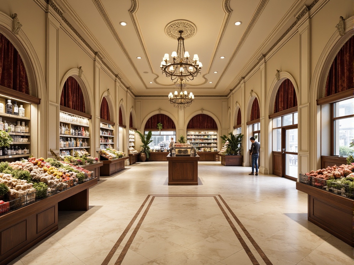 Prompt: Elegant grocery store, high ceilings, ornate chandeliers, marble floors, white columns, classical arches, decorative moldings, warm beige walls, rich wood tones, antique bronze hardware, luxurious velvet drapes, crystal glass shelves, ornamental metalwork, subtle gold accents, soft cream lighting, shallow depth of field, 1/1 composition, symmetrical framing, realistic textures, ambient occlusion.