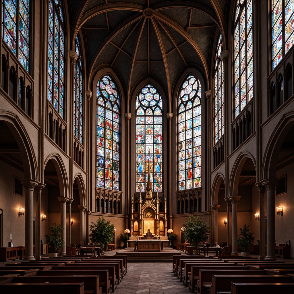 Prompt: Intricate stained glass windows, vivid colors, ornate patterns, Gothic church architecture, grandiose interior, high ceilings, ribbed vaults, pointed arches, sacred symbols, Christian motifs, majestic altar, elegant pews, polished wooden floors, soft warm lighting, diffused natural light, 1/1 composition, symmetrical framing, realistic textures, subtle ambient occlusion.