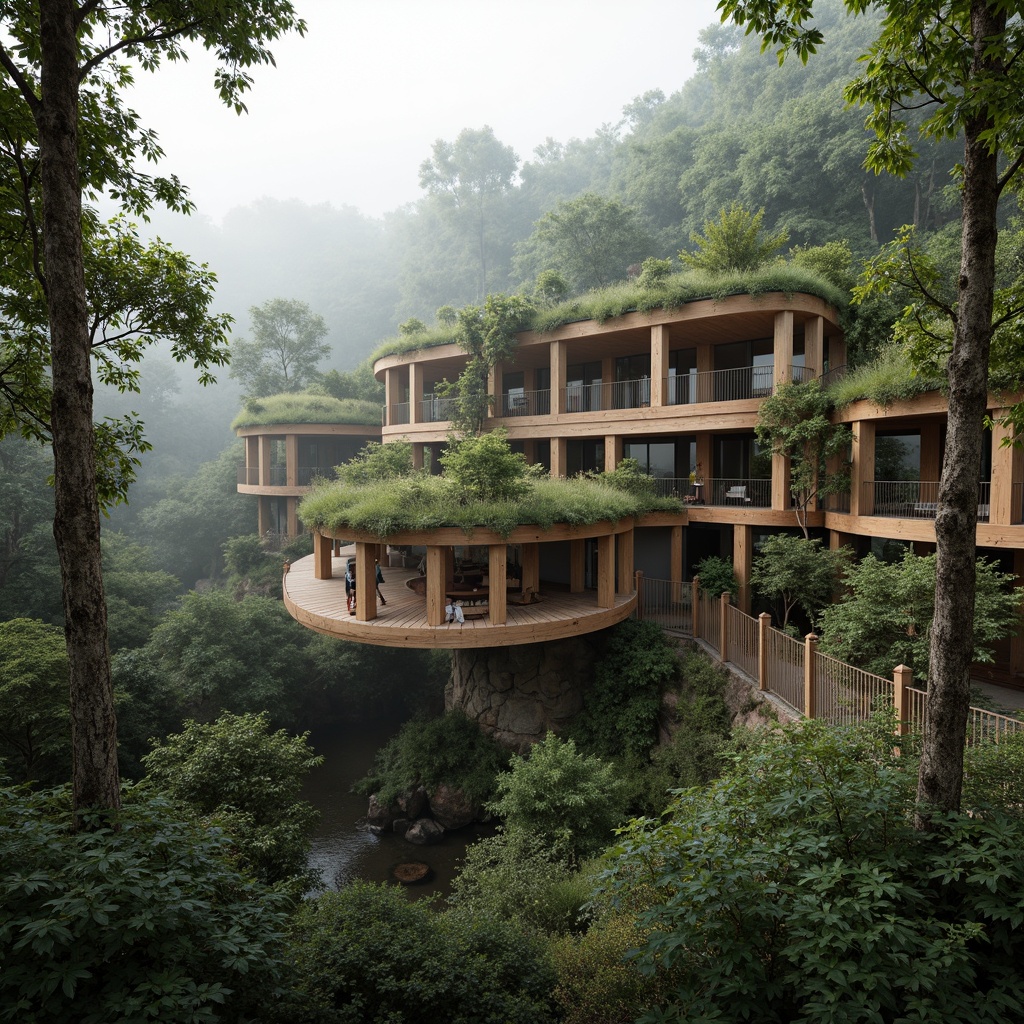 Prompt: Seamless forest integration, organic architecture, curved wooden beams, natural stone walls, lush green roofs, vines crawling up columns, misty morning atmosphere, soft diffused lighting, rustic wood textures, earthy color palette, blended boundaries, harmonious coexistence, elevated walkways, scenic overlooks, cantilevered structures, minimalist design, sustainable materials, eco-friendly systems, rainwater harvesting, solar power integration, serene ambiance, peaceful retreat.