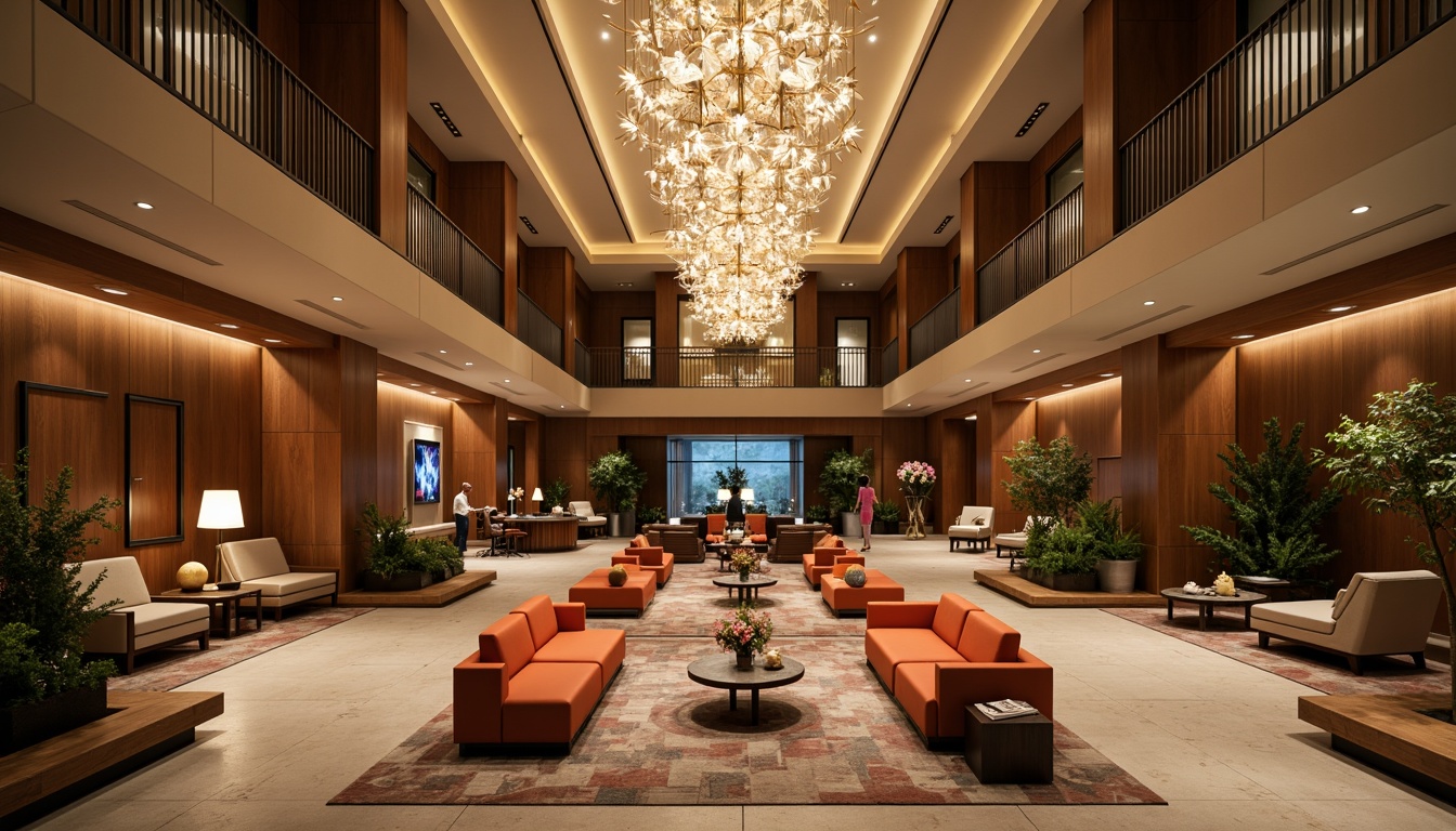 Prompt: Luxurious hotel lobby, high ceilings, grand chandeliers, elegant furnishings, plush carpets, warm color schemes, natural stone floors, modern minimalist decor, comfortable seating areas, sleek reception desks, stylish lighting fixtures, subtle aromas, refined textures, tranquil ambiance, 1/2 composition, shallow depth of field, softbox lighting.