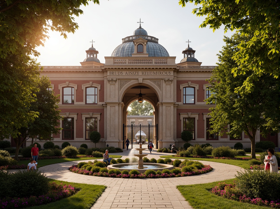 Prompt: Ornate school entrance, grandiose fountains, symmetrical gardens, manicured lawns, topiary trees, curved walkways, ornamental statues, vibrant flowerbeds, intricate stone carvings, majestic archways, classical columns, imposing brick facades, ornate iron gates, dramatic lighting effects, low-angle photography, 1/2 composition, warm golden hour lighting, soft focus blur, lush greenery textures.