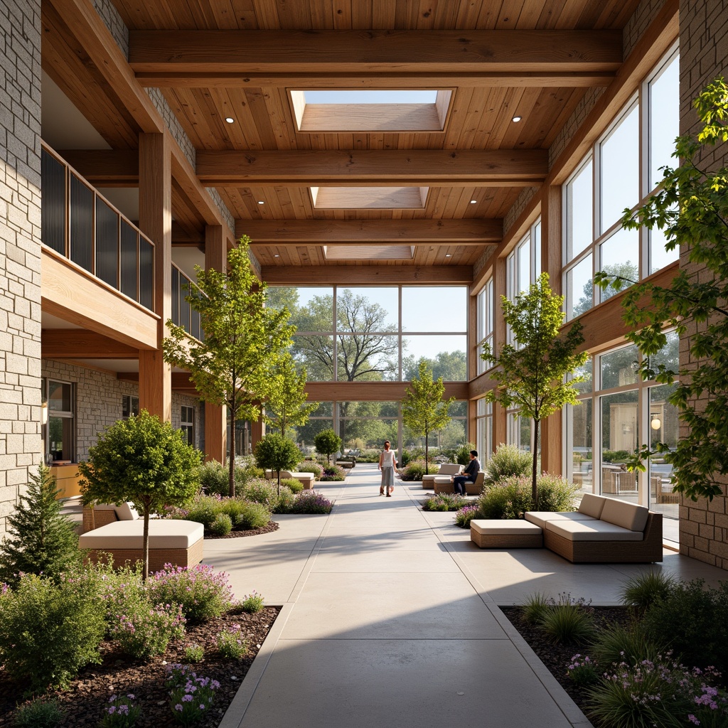 Prompt: Vibrant community center, natural stone walls, wooden accents, comfortable seating areas, lush greenery, warm lighting, cozy atmosphere, inviting entrances, modern architecture, large windows, glass doors, blooming flowers, sunny day, soft warm lighting, shallow depth of field, 3/4 composition, panoramic view, realistic textures, ambient occlusion.