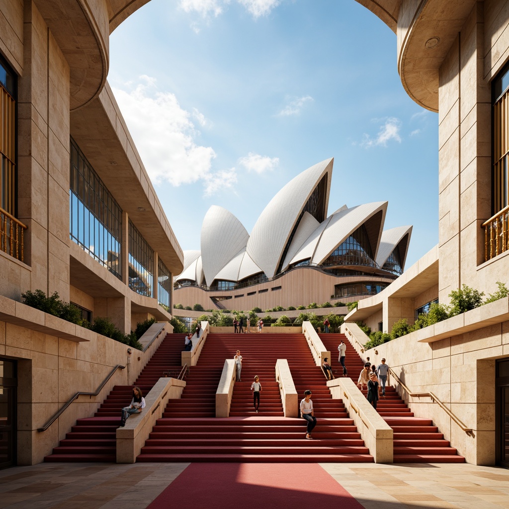 Prompt: Vibrant Sydney Opera House, sail-like roof design, white concrete exterior, gleaming glass facades, warm beige stone walls, rich red carpeted stairs, luxurious golden accents, soft cream-colored interior, elegant curved lines, nautical-inspired architecture, scenic harbor views, sunny Australian day, high-contrast lighting, dramatic shadows, 1/2 composition, symmetrical framing, cinematic atmosphere, photorealistic textures, subtle ambient occlusion.