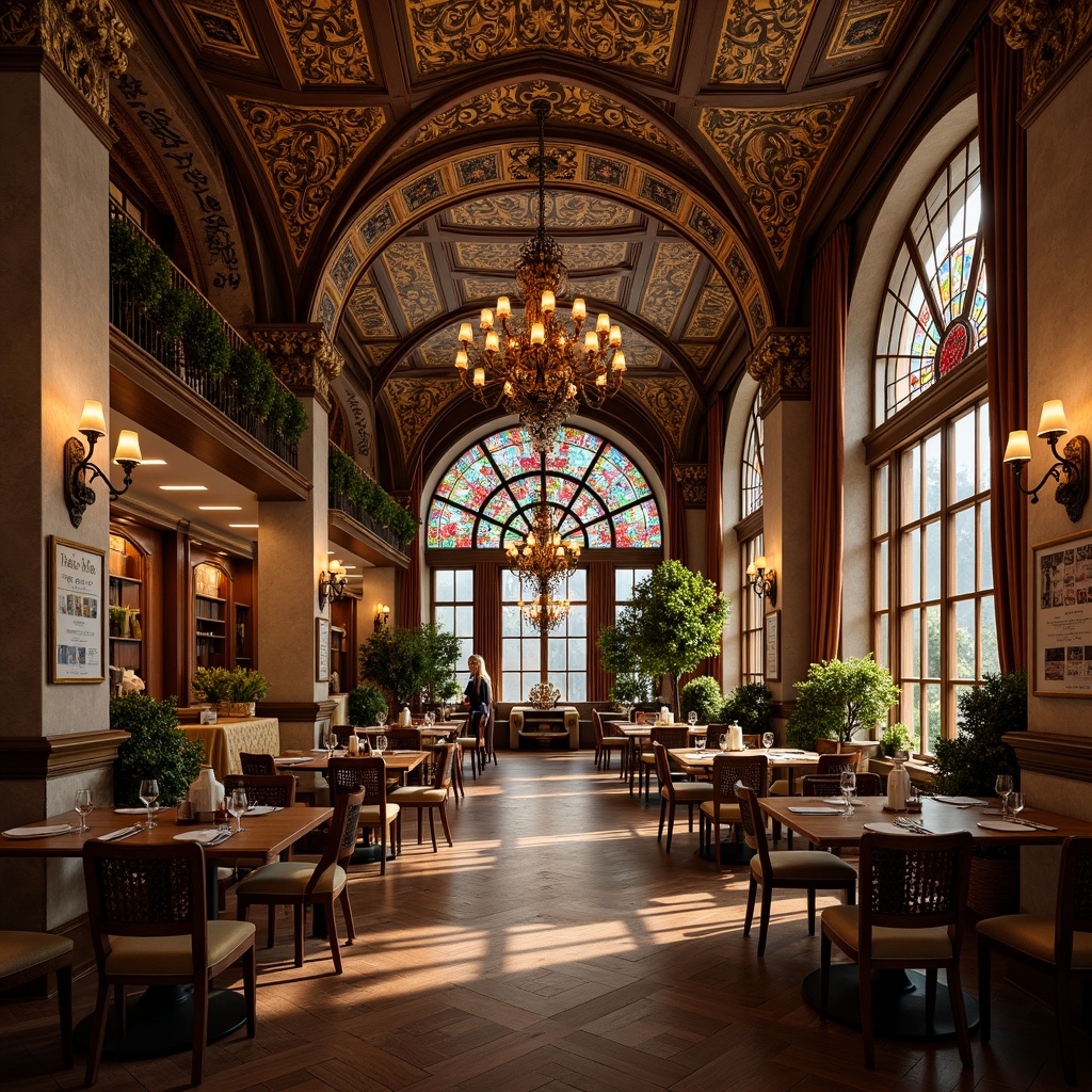 Prompt: Ornate restaurant interior, flowing organic lines, sinuous curves, botanical motifs, stained glass windows, intricate metalwork, velvet drapes, polished wooden floors, ornamental plaster ceilings, grand chandeliers, lavish furnishings, warm golden lighting, shallow depth of field, 1/2 composition, realistic textures, ambient occlusion, natural materials, earthy color palette, vintage posters, antique artifacts, luxurious ambiance.