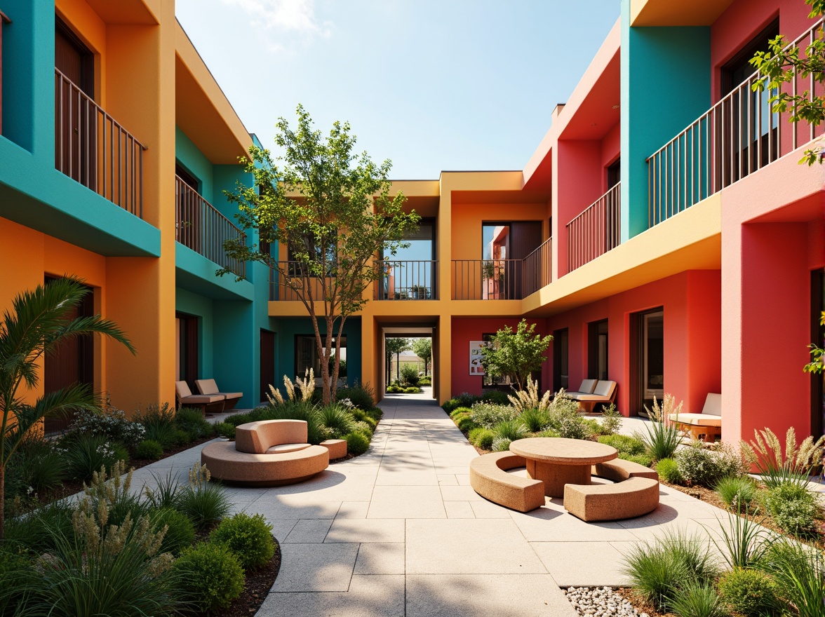 Prompt: Vibrant community center, social housing complex, modern architecture, bold color scheme, bright coral walls, deep turquoise accents, warm beige floors, natural wood textures, cozy outdoor spaces, lush greenery, urban garden, sunny day, soft warm lighting, 3/4 composition, panoramic view, realistic materials, ambient occlusion.