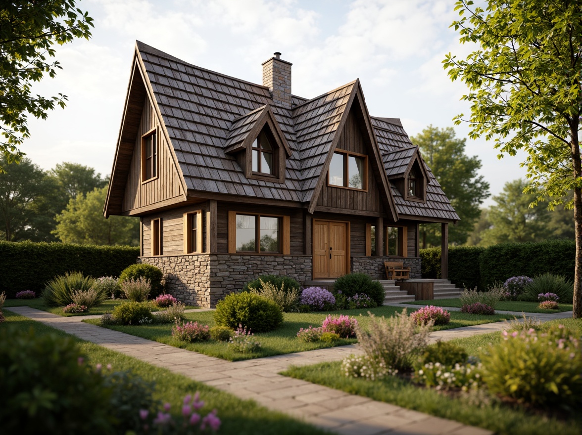 Prompt: Rustic country cottage, steeply pitched gabled roofs, wooden shingles, charming dormer windows, cozy chimney, natural stone foundation, lush greenery, blooming flowers, serene landscape, soft warm lighting, shallow depth of field, 3/4 composition, realistic textures, ambient occlusion, earthy color palette, organic materials, asymmetrical facade, whimsical architectural details, inviting entrance, welcoming porch.