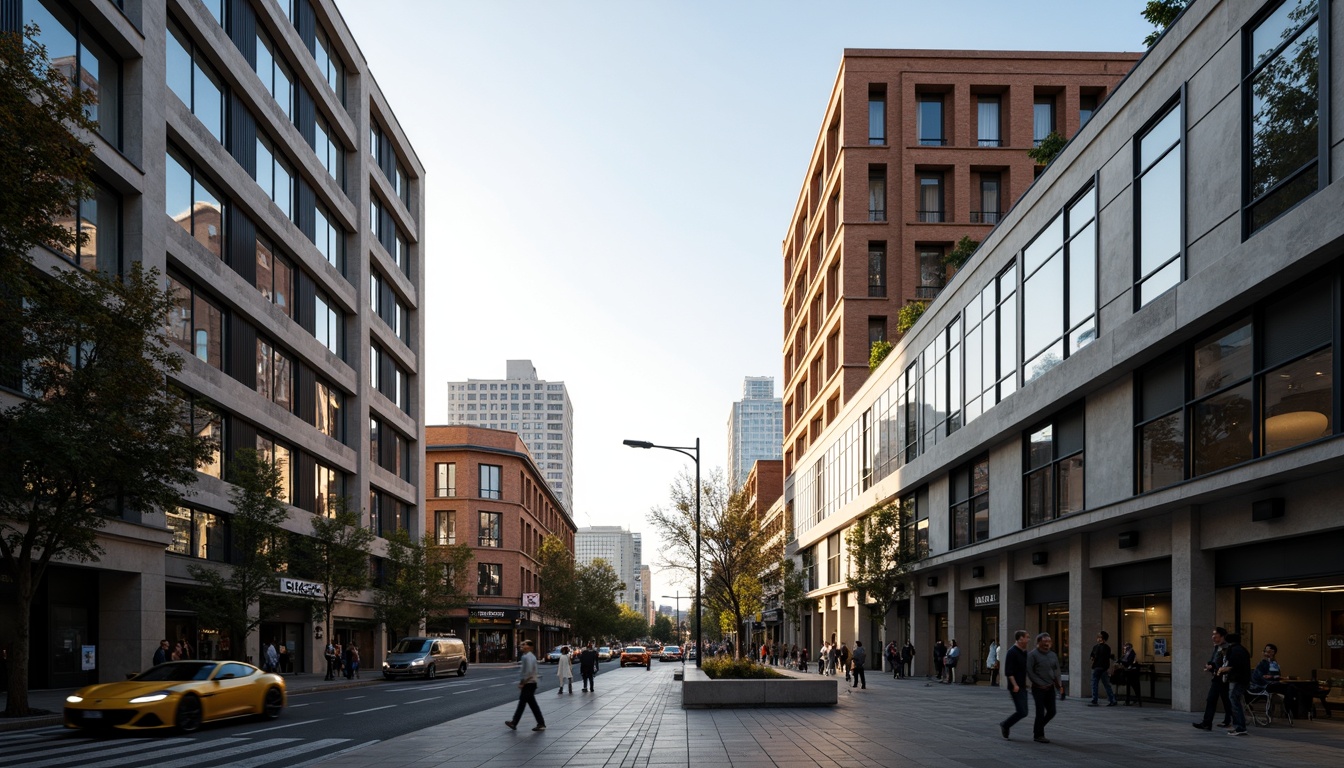 Prompt: Streamlined modern buildings, rectangular windows, horizontal lines, industrial metals, minimalist frames, reflective glass surfaces, urban cityscape, busy streets, concrete sidewalks, skyscrapers, metropolitan atmosphere, warm sunny day, soft natural lighting, shallow depth of field, 3/4 composition, panoramic view, realistic textures, ambient occlusion.