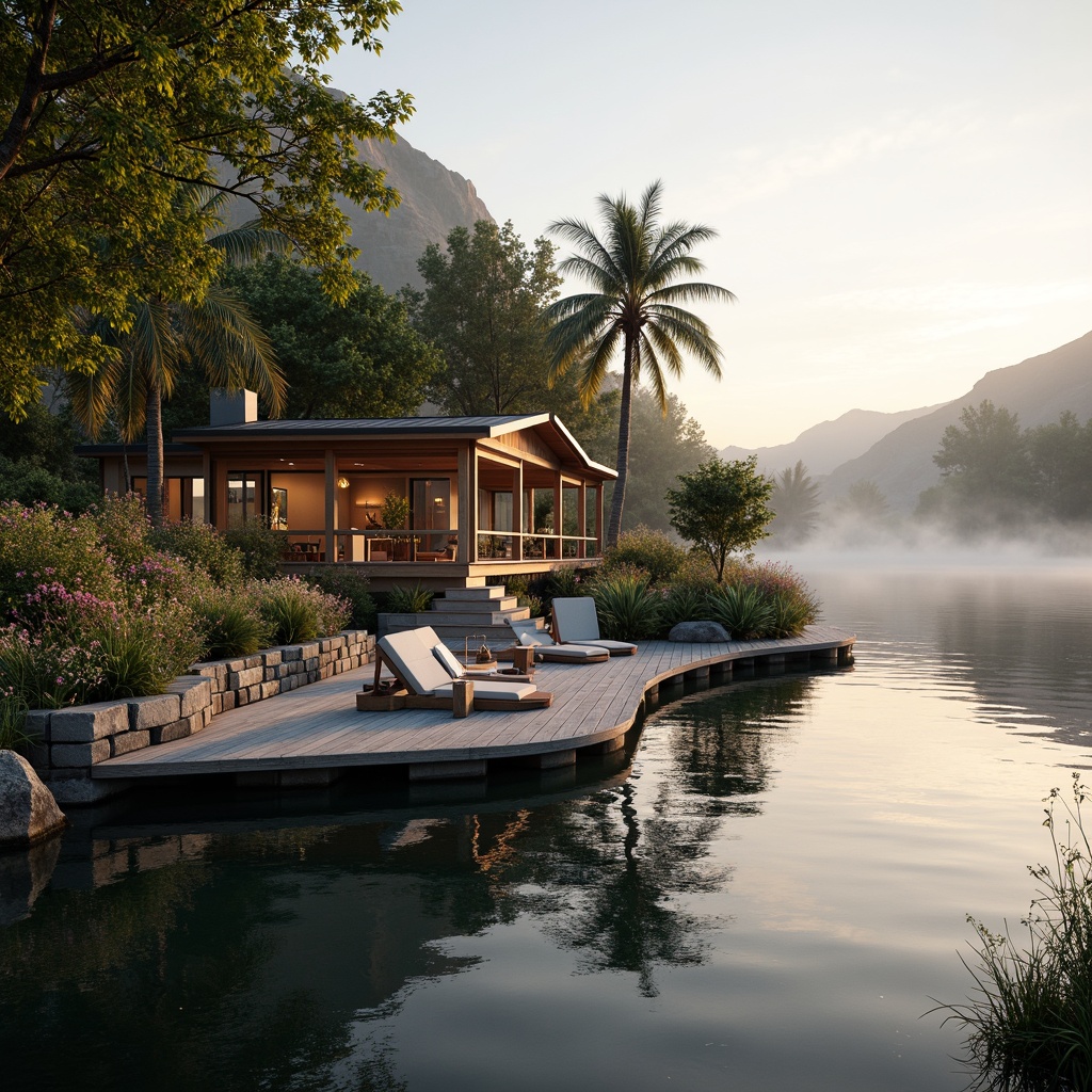 Prompt: Serene waterfront, wooden dock, rustic boathouse, natural stone foundation, curved lines, nautical accents, warm cozy interior, large windows, sliding glass doors, surrounding lush greenery, mature trees, vibrant flowers, tranquil lake views, soft misty morning, warm golden lighting, shallow depth of field, 2/3 composition, atmospheric perspective, realistic water textures, subtle ripples.