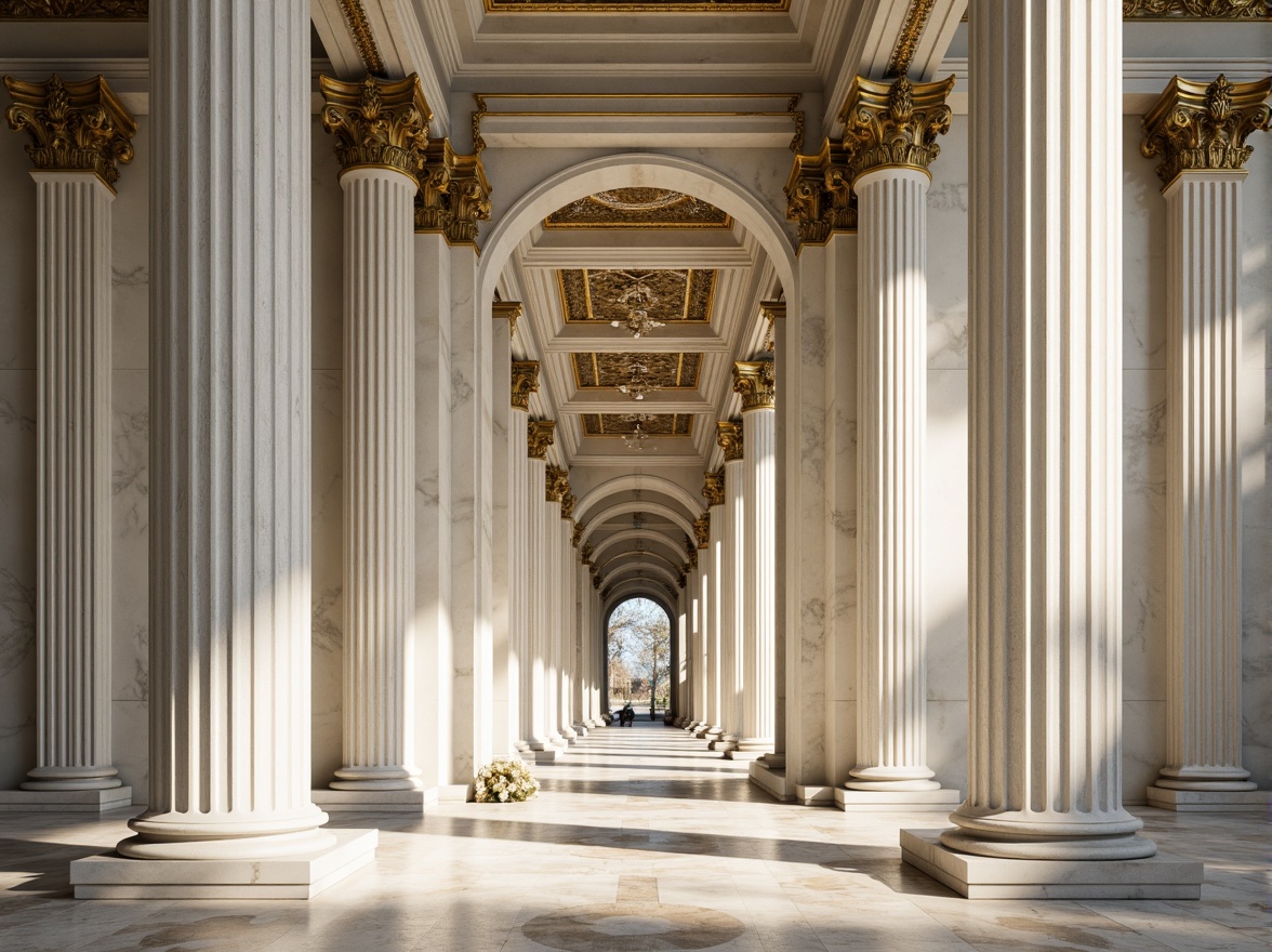 Prompt: Grandiose columns, ornate capitals, fluted shafts, classical architraves, symmetrical facades, rusticated bases, intricate carvings, marble materials, ivory-white hues, golden accents, ornamental moldings, dramatic lighting, high contrast shadows, shallow depth of field, 1/2 composition, frontal view, realistic textures, ambient occlusion.