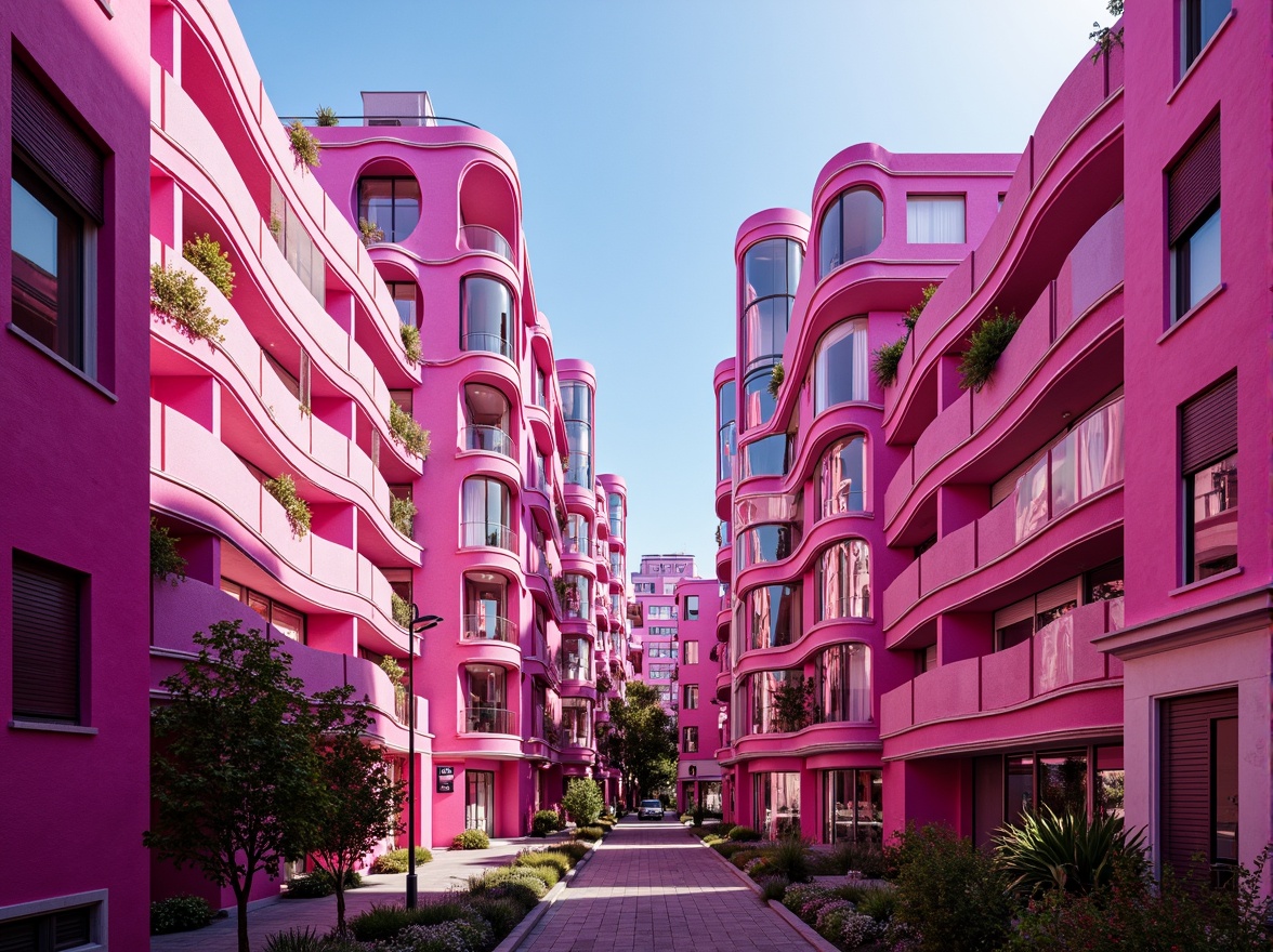 Prompt: Fuchsia-infused buildings, vibrant magenta hues, bold architectural lines, curved futuristic shapes, iridescent glass facades, neon-lit accents, eclectic mix of materials, metallic sheen, glossy finishes, undulating rooftops, avant-garde design elements, playful geometric patterns, whimsical urban landscape, bustling city streets, warm sunny day, high-contrast lighting, shallow depth of field, 2/3 composition, cinematic atmosphere, stylized textures, dramatic shading.