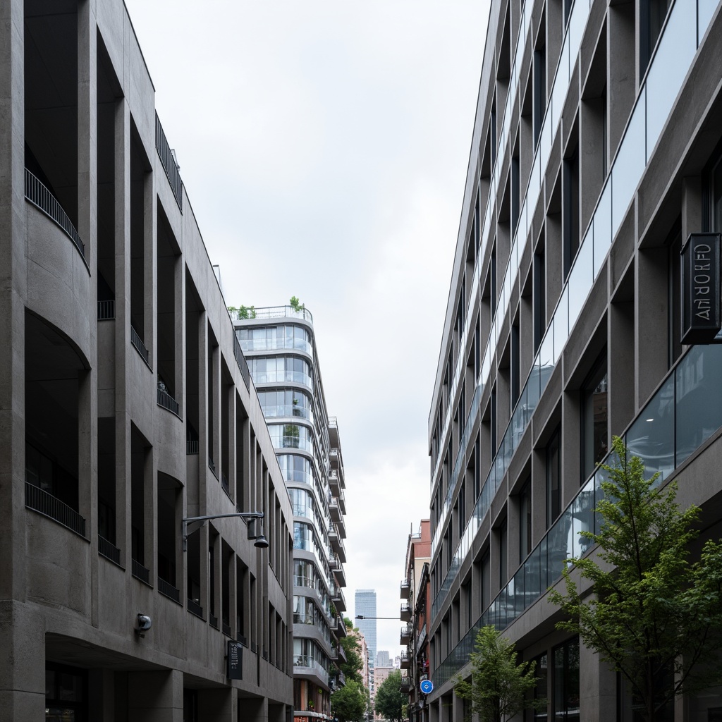 Prompt: Streamlined modern buildings, curved lines, rounded edges, metallic materials, reflective glass surfaces, minimal ornamentation, functional simplicity, industrial chic aesthetic, urban cityscape, cloudy grey sky, soft diffused lighting, shallow depth of field, 1/2 composition, symmetrical framing, high-contrast textures, subtle ambient occlusion.