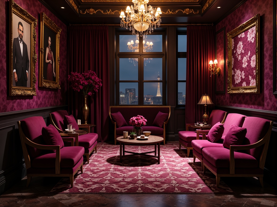 Prompt: Rich plum accents, bold burgundy hues, luxurious velvet textures, ornate golden frames, lavish crystal chandeliers, opulent marble floors, dramatic dim lighting, mysterious dark backgrounds, whimsical floral patterns, intricate lace details, romantic soft focus, shallow depth of field, 1/1 composition, warm and inviting atmosphere.