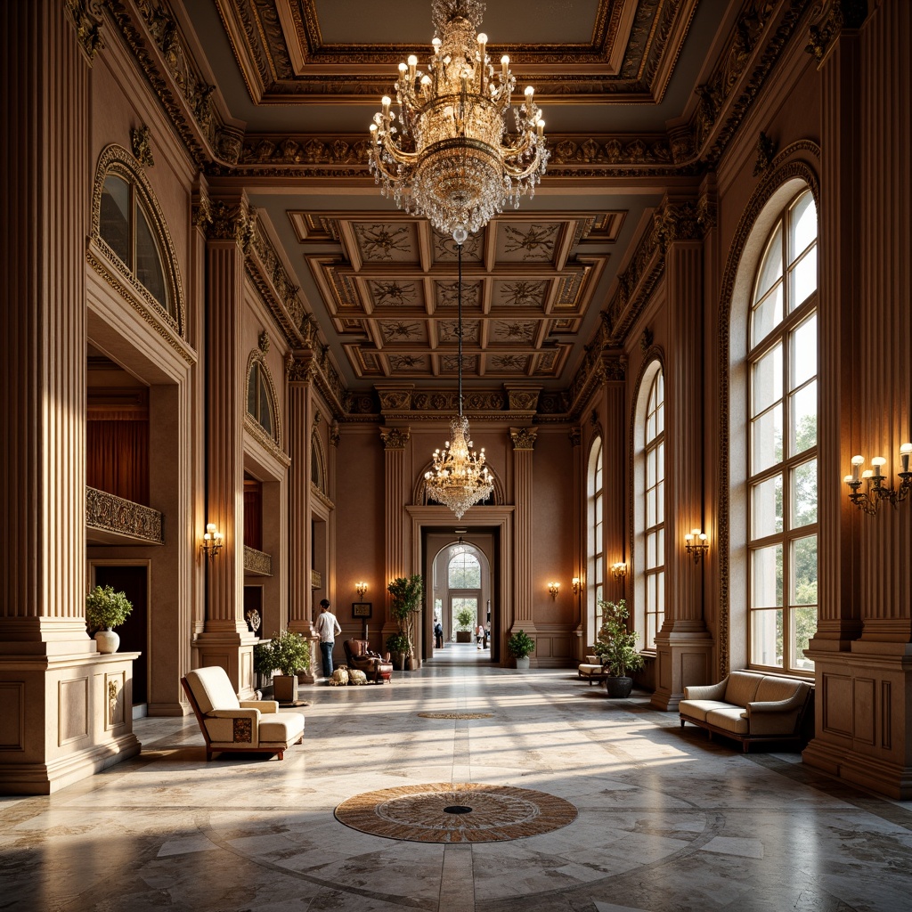 Prompt: Grandiose interior, high ceilings, ornate chandeliers, marble flooring, intricate moldings, neoclassical columns, luxurious fabrics, rich wood paneling, sophisticated color palette, elegant furnishings, refined decorative accents, lavish drapery, stately windows, natural light pouring in, warm golden lighting, shallow depth of field, 1/2 composition, symmetrical balance, realistic textures, ambient occlusion.