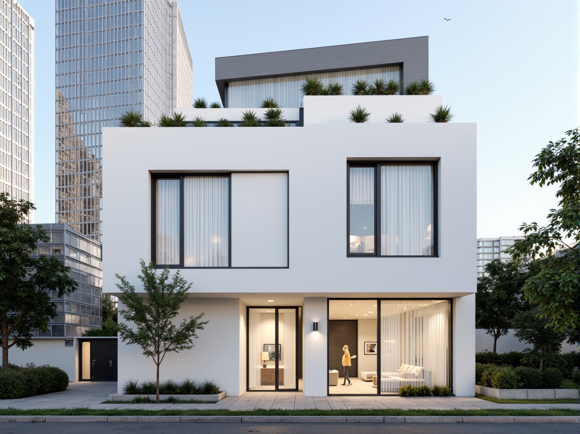 Prompt: Simple modern facade, clean lines, minimal ornaments, large windows, sliding glass doors, white concrete walls, subtle textures, neutral color palette, natural light, soft shadows, 1/1 composition, realistic rendering, ambient occlusion, urban cityscape, busy streets, contemporary architecture, sleek skyscrapers, green roofs, rooftop gardens.