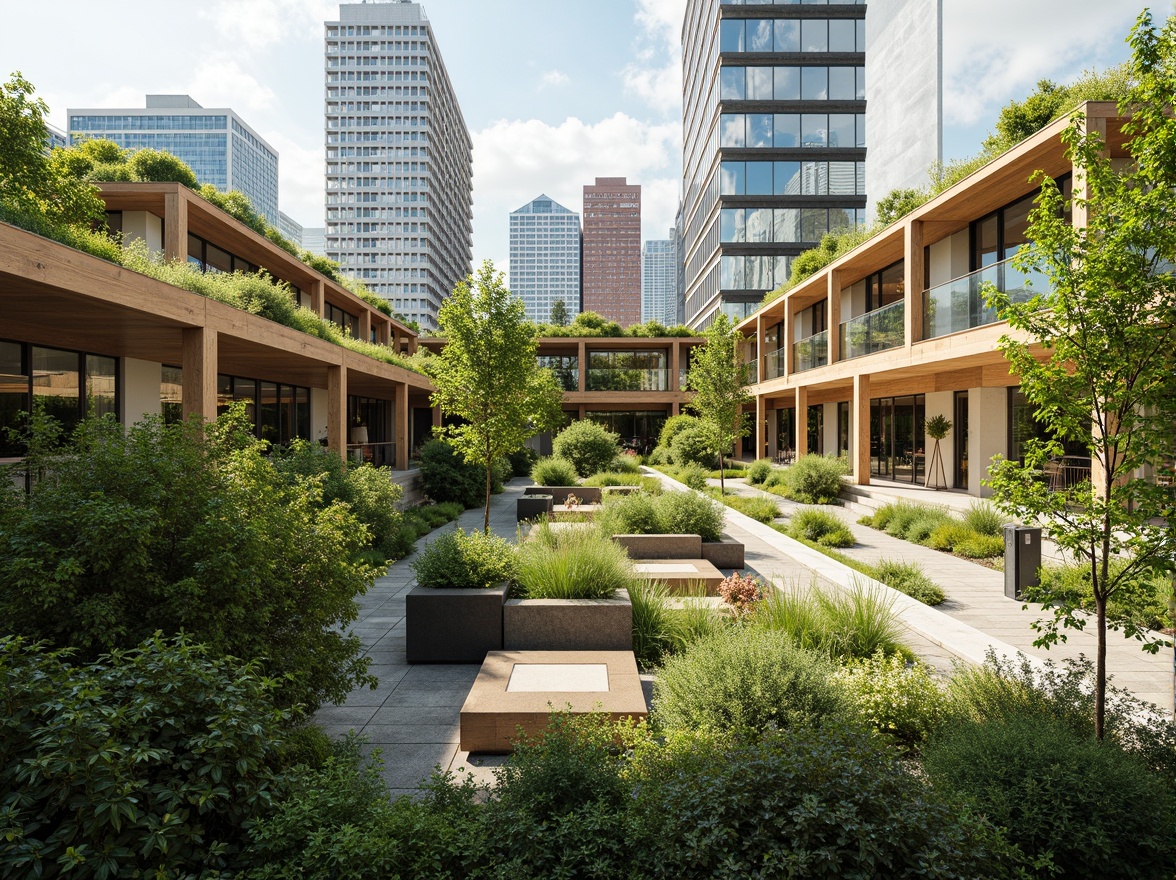 Prompt: Vibrant green roofs, lush vegetation, abundant natural light, floor-to-ceiling windows, clerestory windows, skylights, transparent glass facades, reflective solar panels, sustainable building materials, energy-efficient systems, passive design strategies, open floor plans, minimalist interior designs, warm earthy tones, soft diffused lighting, high ceilings, airy spaces, 1/1 composition, shallow depth of field, realistic textures.