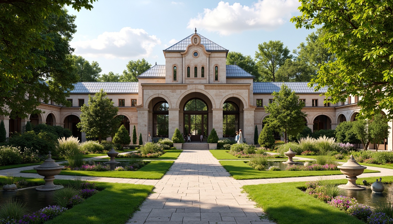 Prompt: Renaissance-style greenhouse building, ornate stone facade, arched windows, grand entrance, lush greenery, vibrant flowers, manicured lawns, meandering pathways, serene water features, ornamental fountains, rustic benches, natural stone walkways, blooming trees, warm sunny day, soft diffused lighting, 1/1 composition, symmetrical framing, realistic textures, ambient occlusion.Please let me know if this meets your expectations!