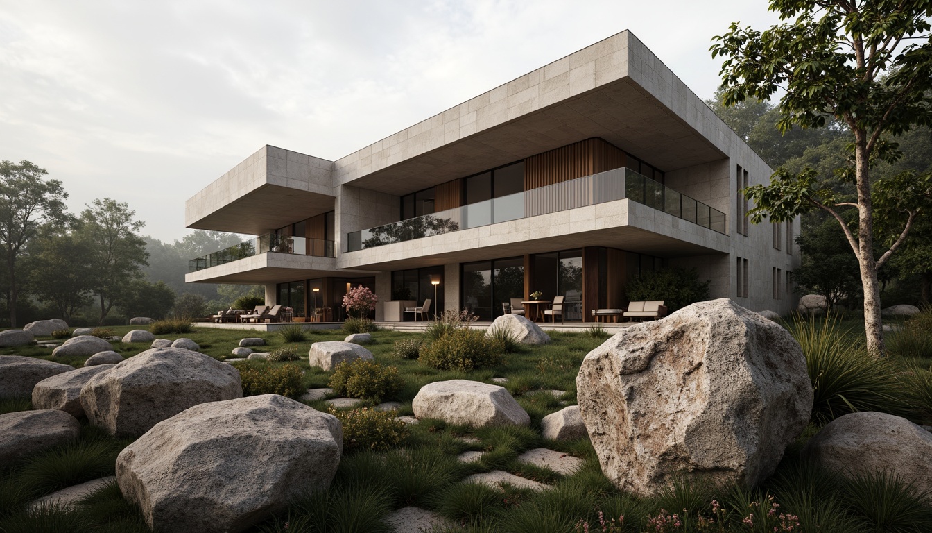 Prompt: Rugged natural landscape, weathered stone formations, serene forest surroundings, brutalist villa architecture, raw concrete textures, dramatic cantilevered roofs, floor-to-ceiling glass windows, minimalist interior design, earthy color palette, rustic wooden accents, overhanging eaves, asymmetrical facade composition, intense shadows, warm soft lighting, misty morning atmosphere, 1/2 composition, shallow depth of field, cinematic camera angle.