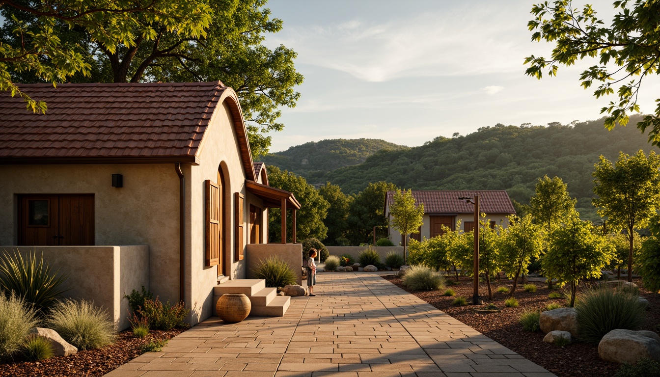 Prompt: Rustic winery, lush vineyards, earthy tones, weathered wood accents, natural stone walls, terracotta roofs, curved archways, vintage metal doors, warm golden lighting, soft shadows, 3/4 composition, intimate atmosphere, realistic textures, ambient occlusion, rich brown soil, vibrant green foliage, sunny afternoon, soft breezy wind, serene landscape.