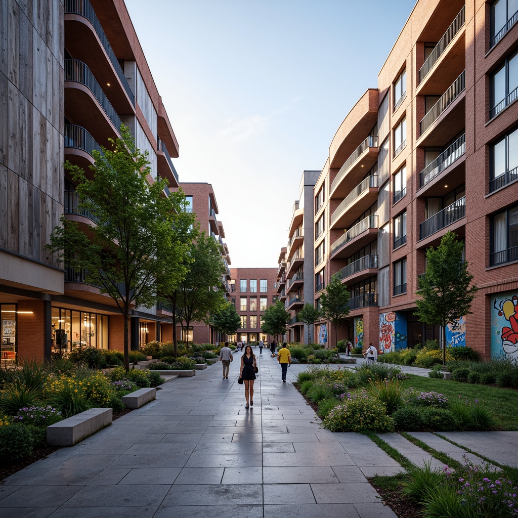 Prompt: Vibrant university campus, fusion architecture style, modern glass buildings, rustic brick walls, industrial metal accents, reclaimed wood textures, polished concrete floors, lush greenery, blooming flowers, natural stone walkways, educational signs, sleek steel railings, abstract murals, colorful graffiti, warm LED lighting, soft ambient glow, shallow depth of field, 3/4 composition, panoramic view, realistic materials, ambient occlusion.