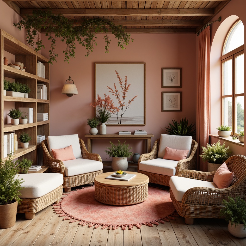 Prompt: Warm peach tones, soft pastel hues, gentle coral shades, creamy white accents, natural wood textures, woven wicker furniture, lush greenery, blooming flowers, vintage decorative items, distressed wooden walls, cozy reading nooks, intimate ambient lighting, shallow depth of field, 1/1 composition, realistic fabric simulations, subtle gradient effects.