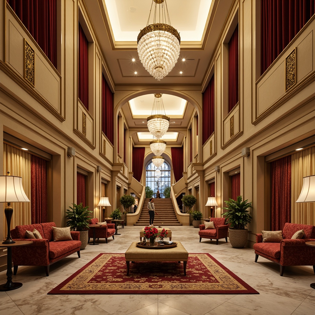 Prompt: Luxurious hotel lobby, ornate golden details, rich velvet fabrics, lavish chandeliers, marble floors, opulent furnishings, warm beige walls, intricate patterns, regal red accents, majestic staircases, crystal pendant lights, soft cream ceiling, elegant archways, refined bronze fixtures, sophisticated neutral tones, warm candlelight, shallow depth of field, 1/1 composition, realistic textures, ambient occlusion.