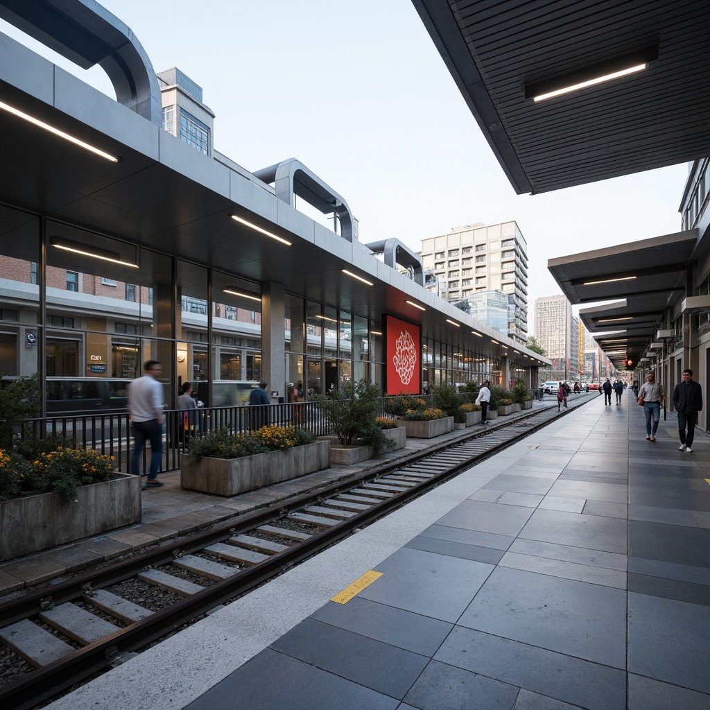 Prompt: Modern metro station, minimalist facade, sleek glass surfaces, clean lines, monochromatic color scheme, stainless steel accents, LED lighting strips, urban cityscape, busy streets, rush hour atmosphere, natural stone flooring, geometric patterns, abstract art installations, transparent canopies, cantilevered roofs, open public spaces, pedestrian-friendly infrastructure, efficient traffic flow, sustainable building materials, green roofs, natural ventilation systems, soft diffused lighting, shallow depth of field, 2/3 composition, realistic textures, ambient occlusion.