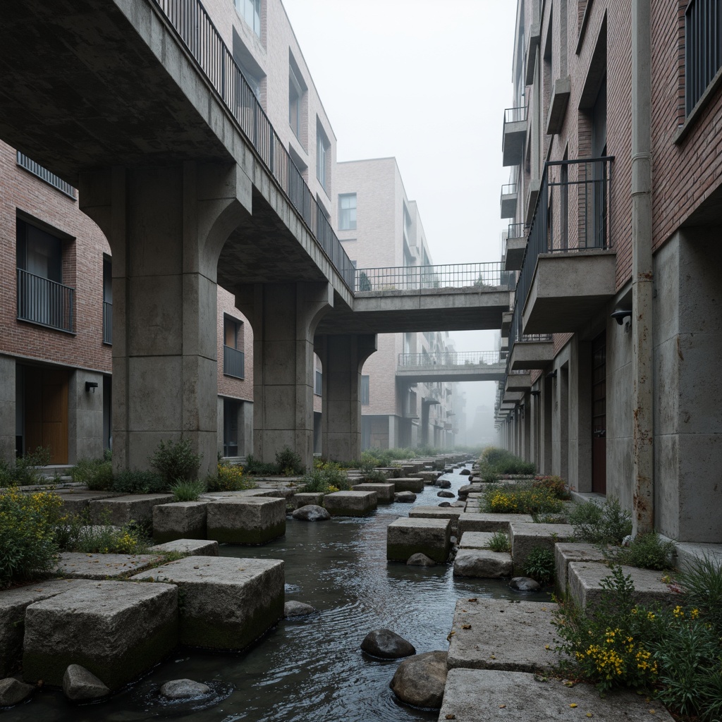 Prompt: Exposed concrete piers, rugged stone foundations, cantilevered walkways, brutalist architecture, industrial steel beams, weathered metal railings, rough-hewn wooden accents, urban cityscape, misty morning atmosphere, soft diffused lighting, 1/1 composition, shallow depth of field, realistic textures, ambient occlusion.