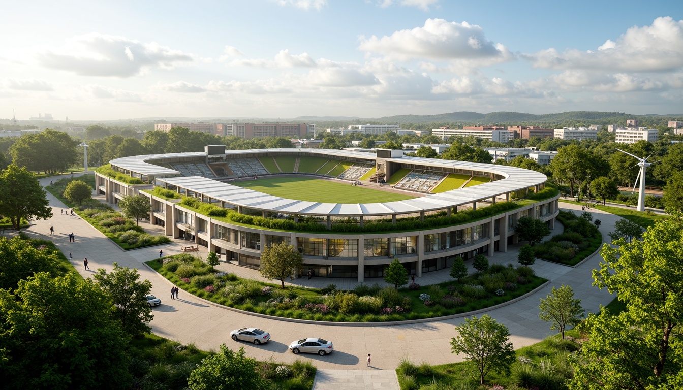 Prompt: Eco-friendly stadium, green roofs, solar panels, wind turbines, rainwater harvesting, recycled materials, natural ventilation systems, large windows, transparent fa\u00e7ades, minimalist design, angular lines, modern architecture, vibrant greenery, lush landscaping, tropical plants, warm sunny day, soft diffused lighting, shallow depth of field, 3/4 composition, panoramic view, realistic textures, ambient occlusion.