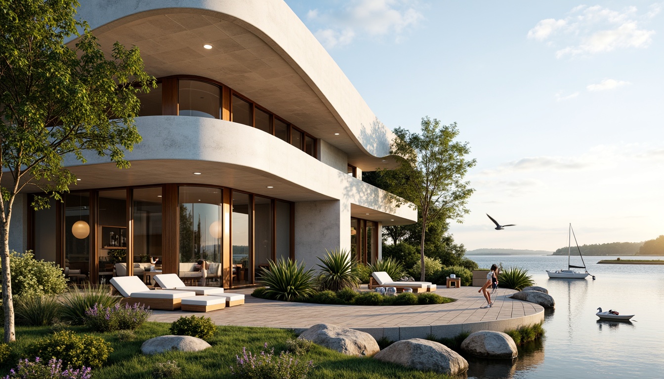 Prompt: Lakefront villas, curved lines, minimalist modern style, floor-to-ceiling windows, sliding glass doors, natural stone cladding, wooden accents, warm earthy tones, lush greenery, tranquil water views, sailboats, seagulls, sunny afternoon, soft warm lighting, shallow depth of field, 3/4 composition, panoramic view, realistic reflections, ambient occlusion.