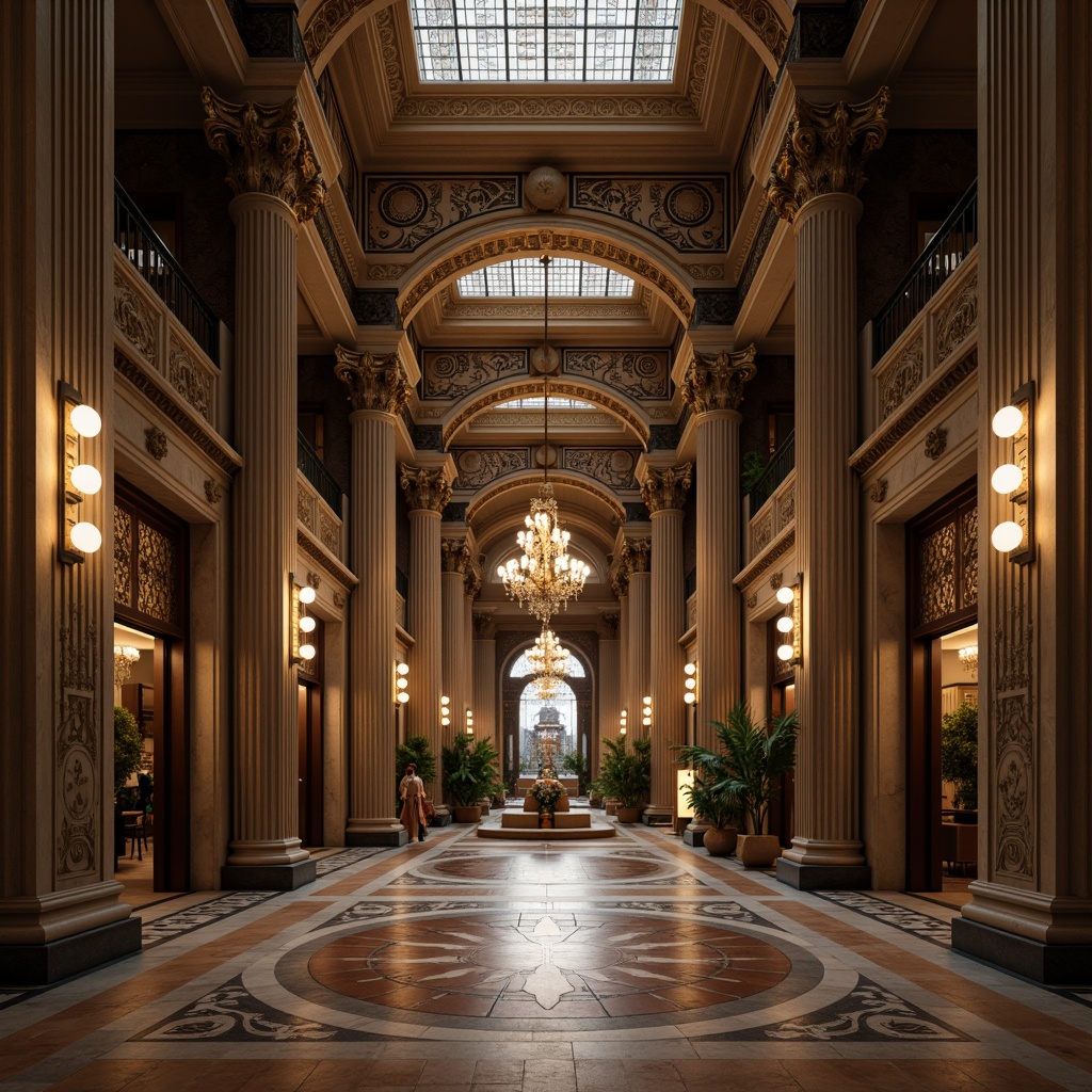 Prompt: Grand symmetrical entrance, majestic columns, perfect bilateral symmetry, ornate decorations, harmonious proportions, balanced fa\u00e7ade composition, elegant archways, refined stone carvings, sophisticated geometric patterns, luxurious materials, opulent chandeliers, dramatic spotlights, high-contrast lighting, cinematic atmosphere, precise 1/2 composition, axial symmetry, central axis, radial balance, serene ambiance, subtle color palette, intricate moldings.