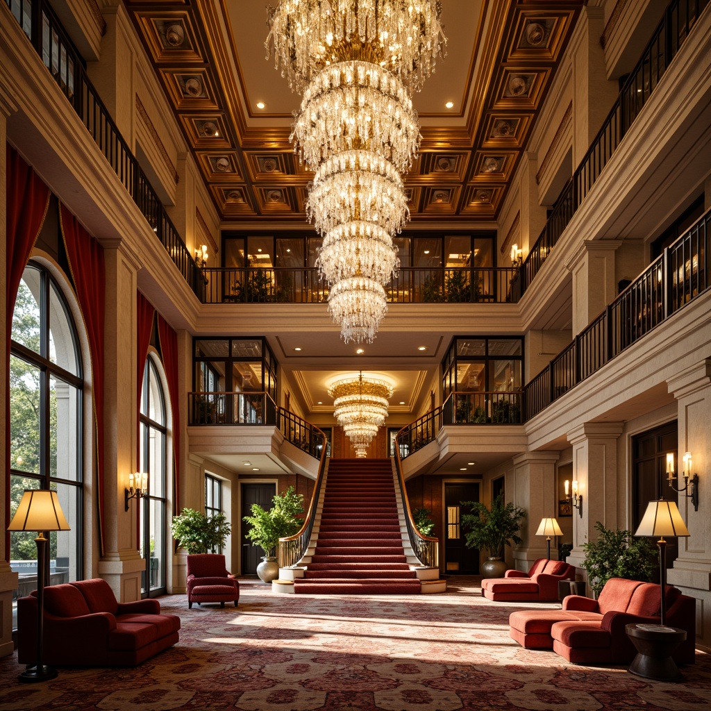 Prompt: Luxurious hotel lobby, grandiose chandeliers, intricately carved wooden furnishings, ornate gold leafing, lavish velvet drapes, richly patterned rugs, majestic stone columns, sweeping staircases, opulent crystal fixtures, dramatic archways, intricate moldings, gilded mirrors, lavish fresco ceilings, warm golden lighting, high-contrast shadows, 1/2 composition, symmetrical framing, ornate picture frames, realistic marble textures, ambient occlusion.