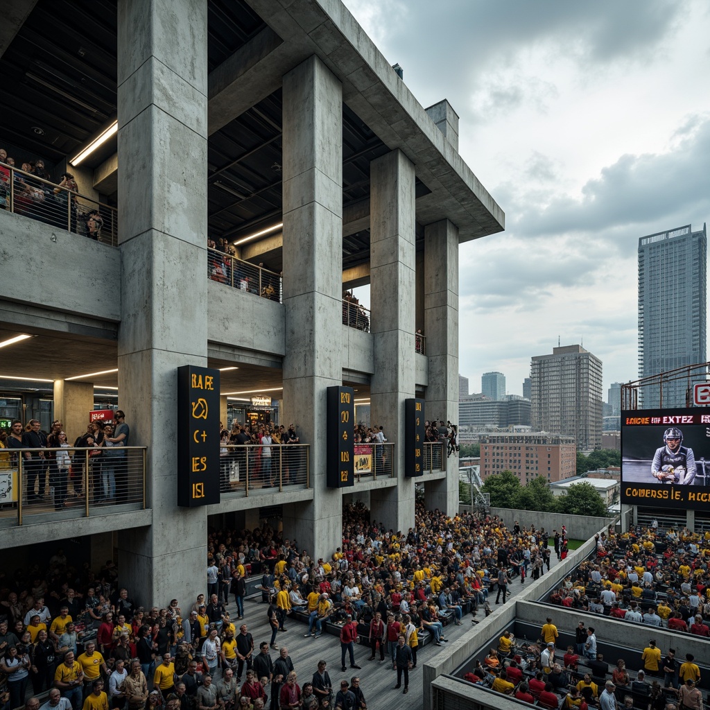 Prompt: Exposed concrete walls, rugged textures, monumental scale, imposing pillars, raw industrial materials, dramatic overhead lighting, cantilevered upper decks, steep spectator seating, vibrant team colors, dynamic angular lines, futuristic scoreboard displays, sleek metallic railings, urban cityscape views, cloudy grey skies, high-contrast shading, cinematic wide-angle shots, 2.35