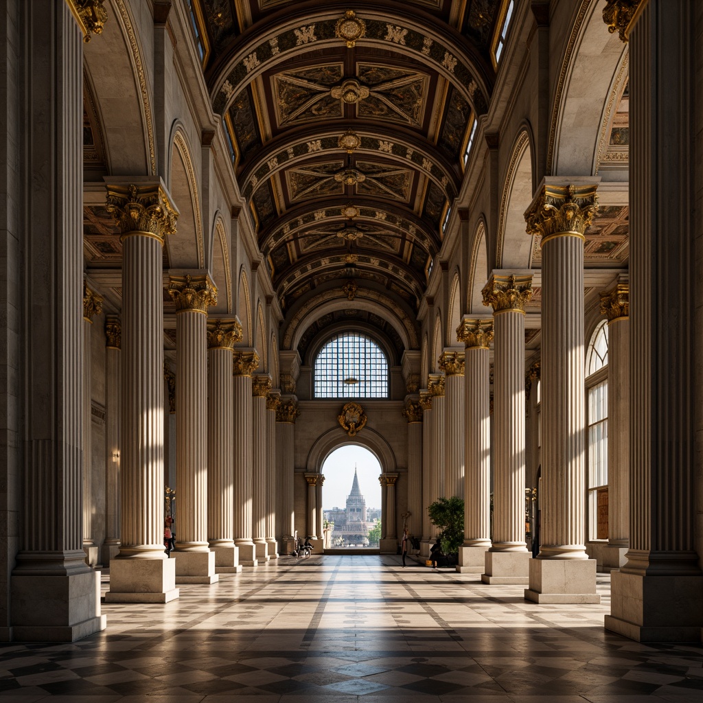 Prompt: Grandiose temple, ornate columns, classical pediments, intricate carvings, golden accents, marble floors, stained glass windows, vaulted ceilings, grand archways, solemn atmosphere, soft warm lighting, dramatic shadows, high contrast, symmetrical composition, 1/2 perspective, realistic textures, ambient occlusion, detailed stone work, ornate capitals, fluted columns, subtle color palette.