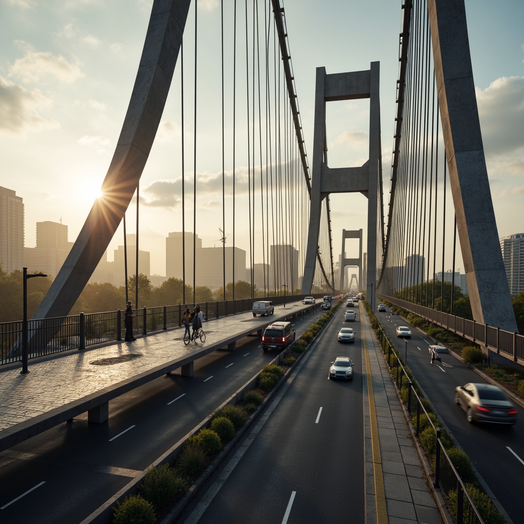 Prompt: Modern vehicular bridge, sleek metal arches, suspension cables, sturdy pillars, robust roadways, urban cityscape, misty morning atmosphere, warm golden lighting, shallow depth of field, 1/2 composition, realistic metallic textures, ambient occlusion, intricate structural details, riveted steel plates, reinforced concrete foundations, cantilevered sections, dynamic motion blur, fast-paced camera movement.