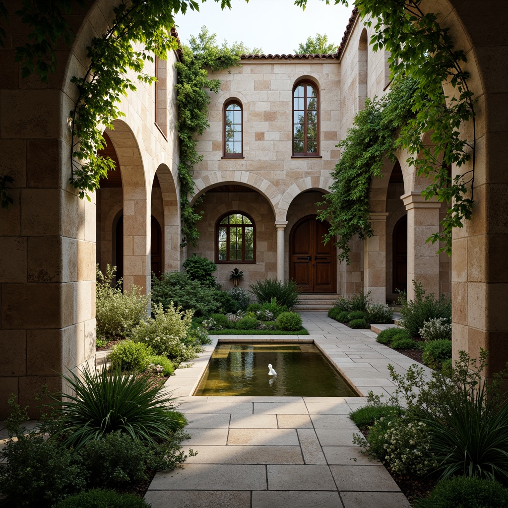 Prompt: Serene monastery courtyard, lush greenery, tranquil water features, stone pathways, Gothic arches, ribbed vaults, stained glass windows, ornate carvings, cloistered walkways, peaceful ambiance, natural stone walls, rustic wooden doors, subtle warm lighting, soft focus, 1/1 composition, symmetrical framing, realistic textures, ambient occlusion.