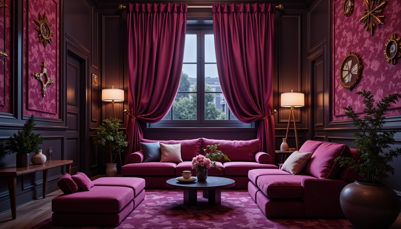 Prompt: Rich plum hues, bold berry tones, luxurious velvet textures, ornate golden accents, mysterious midnight blues, soft creamy whites, warm beige neutrals, dramatic gradient effects, moody atmospheric lighting, cinematic depth of field, 1/2 composition, symmetrical balance, artistic brush strokes, high-contrast colors, opulent fabrics, lavish decorations.