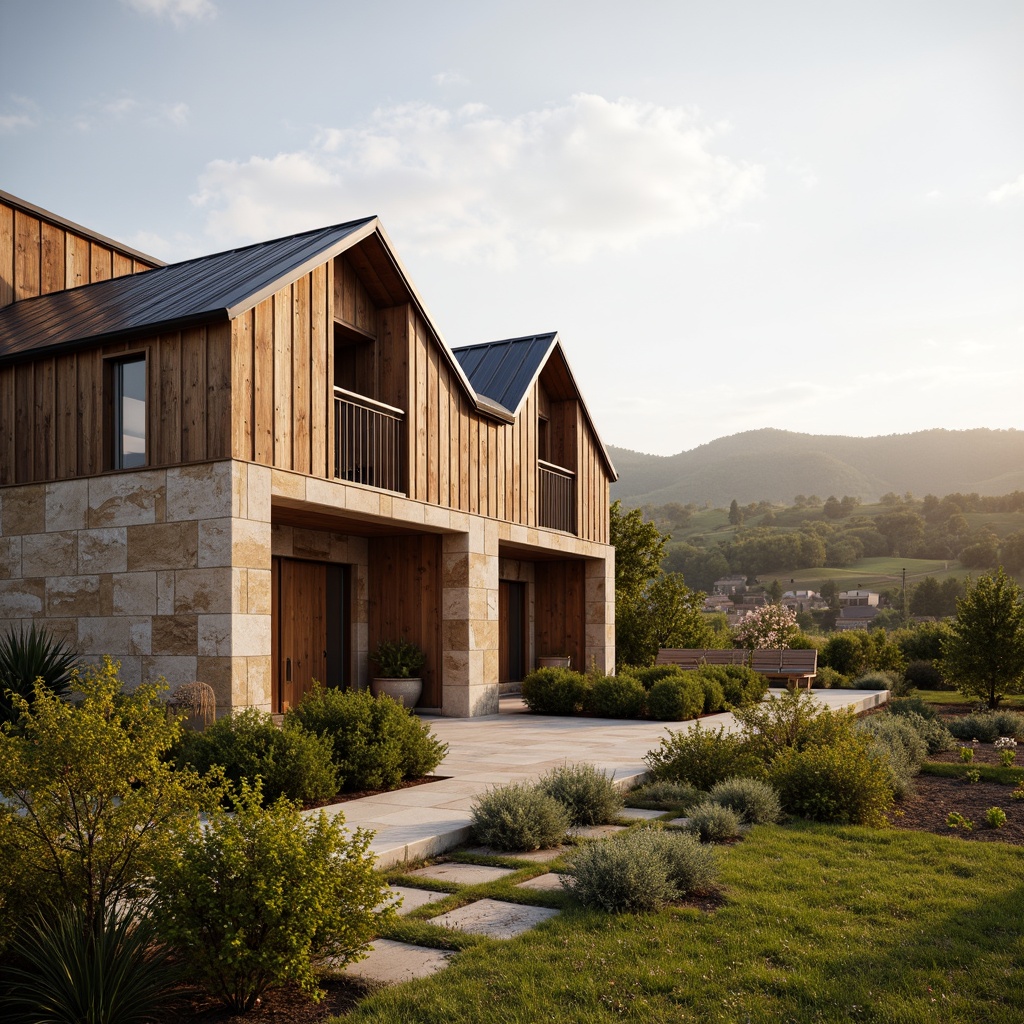 Prompt: Rustic winery facade, weathered wooden planks, natural stone walls, corrugated metal roofs, earthy color palette, minimalist design, clean lines, industrial chic, functional simplicity, vineyard surroundings, rolling hills, lush greenery, warm sunny day, soft golden lighting, shallow depth of field, 3/4 composition, panoramic view, realistic textures, ambient occlusion.