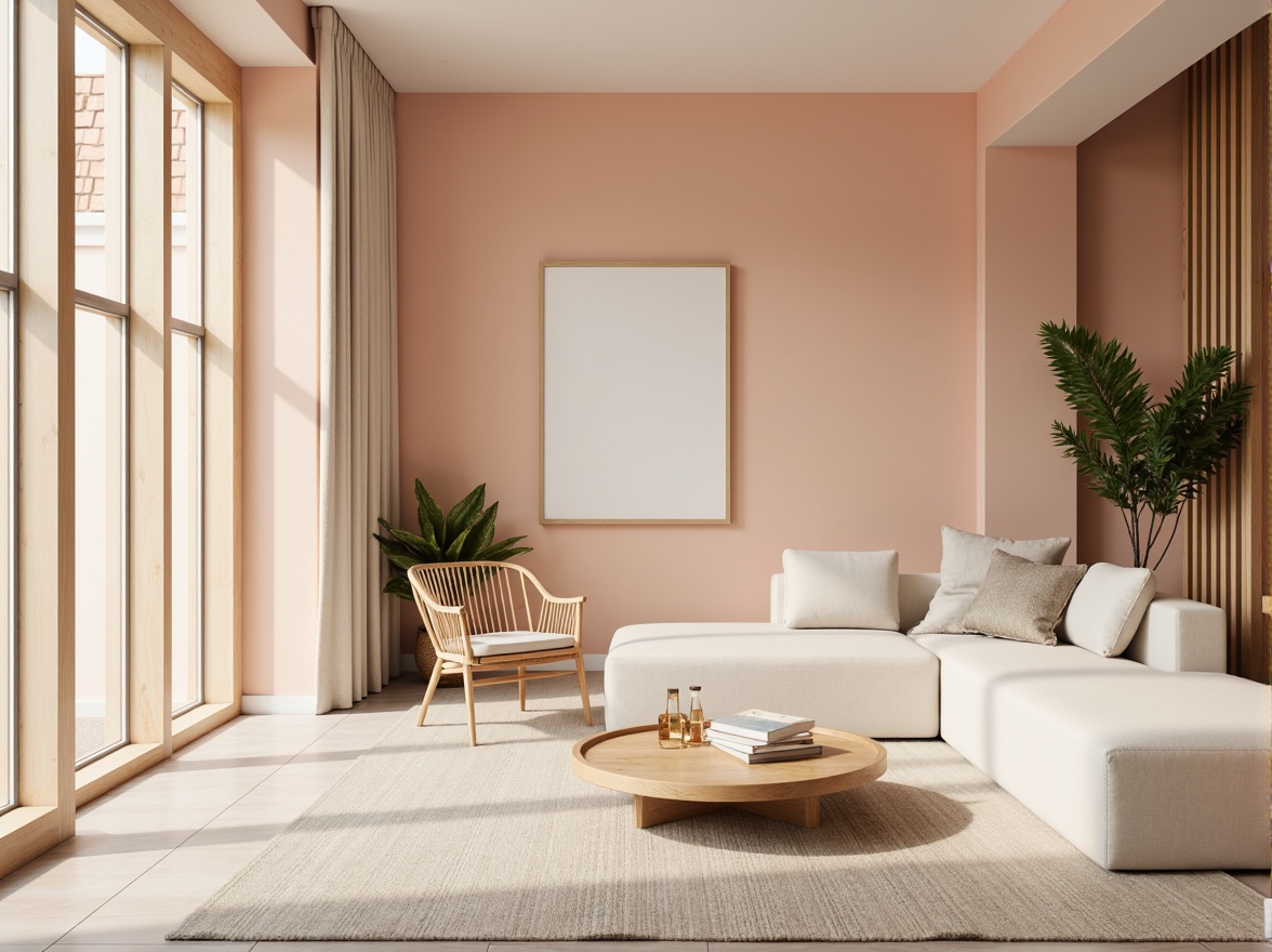 Prompt: Soft peach tones, creamy whites, warm beige, rich walnut wood accents, natural linen textures, subtle gold metallic hints, elegant serif typography, modern minimalist decor, airy open spaces, abundant natural light, shallow depth of field, 2/3 composition, soft focus blur, gentle warm color grading.