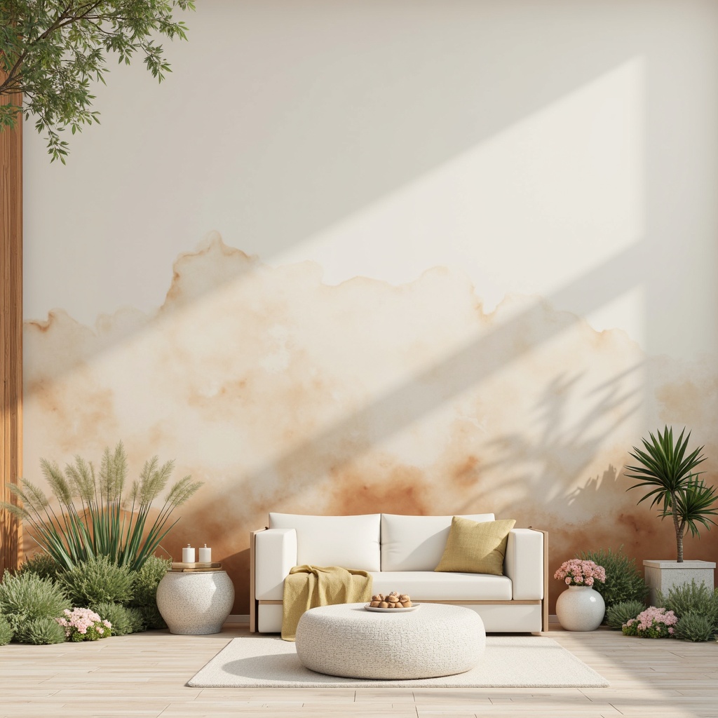 Prompt: Soft pastel hues, gentle gradient transitions, calming atmosphere, serene ambiance, creamy whites, warm beiges, soothing blues, muted greens, earthy terracotta, natural wood accents, subtle texture overlays, realistic material renderings, ambient occlusion, shallow depth of field, 3/4 composition, panoramic view.