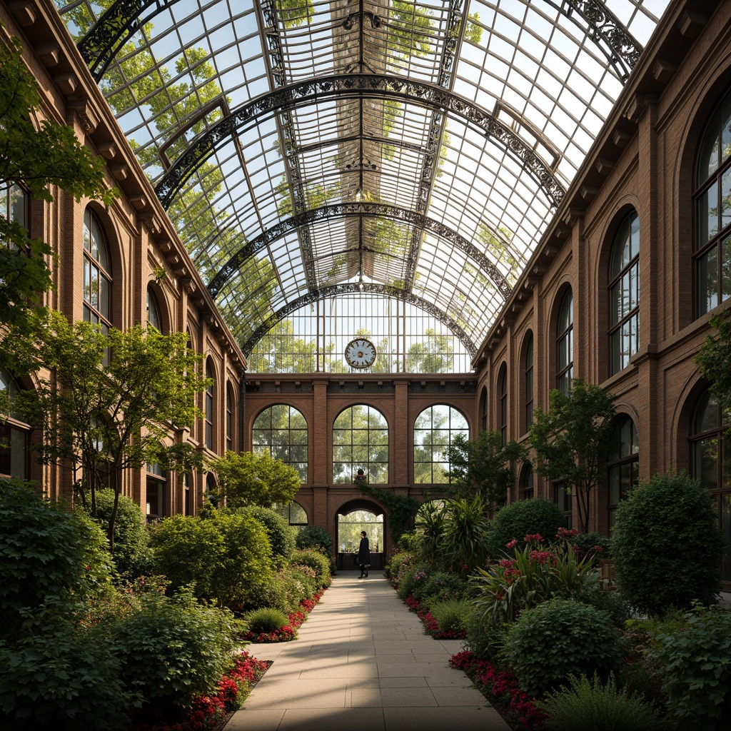 Prompt: Ornate greenhouse, Victorian-era inspired, curved glass roof, ornamental metal framing, lush greenery, exotic plants, natural stone walls, wooden trellises, intricate brick patterns, arched windows, stained glass details, warm soft lighting, shallow depth of field, 1/1 composition, symmetrical view, realistic textures, ambient occlusion.